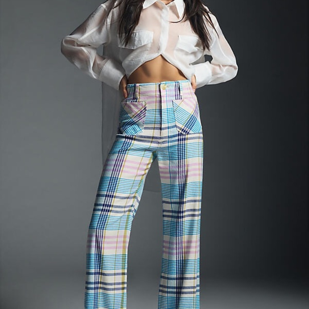 Anthropologie Colette Crop Linen Pants Wide Leg Maeve Blue Plaid Size 30T